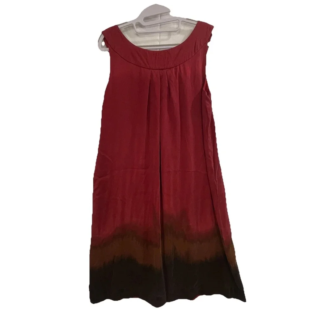 Chaus Dress Womens 8 Red Silk Sleeveless Scoop Neck Pleated A-Line Ombre Dip Dye
